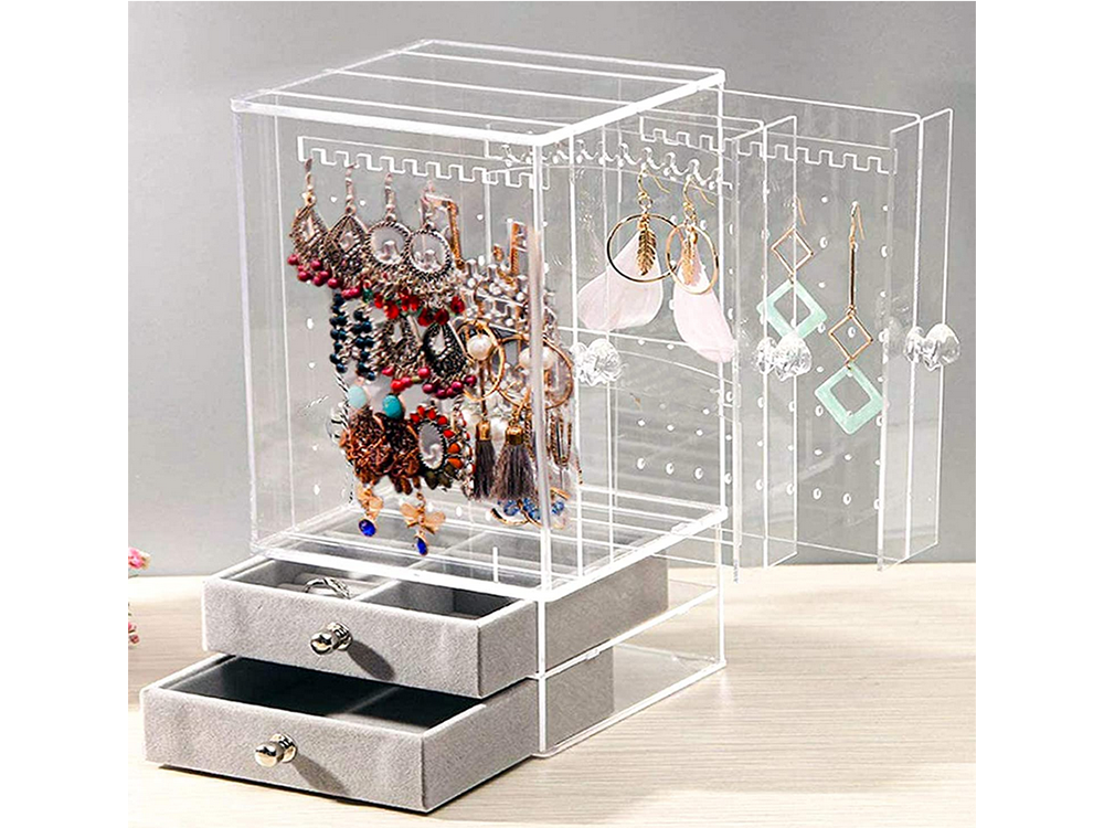 Organizator de bijuterii, Zola, trei sertare extensibile, doua sertare captusite cu catifea, din plastic, 24.5x14.5 cm, gri/transparent Organizator de bijuterii, Zola, trei sertare extensibile, doua sertare captusite cu catifea, din plastic, 24.5x14.5 cm, gri/transparent